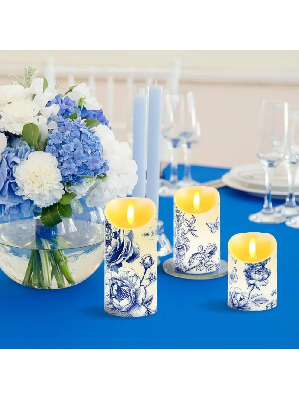 Set of 3 Blue & White Flameless Candles - Chinoiserie Floral Decor with Remote